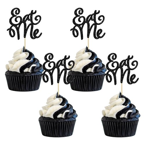 Gyufise 36Pcs Eat Me Cupcake Toppers Black Glitter Alice Cupcake Picks Wonderland Decorations for Baby Shower Boys Girls Kids Birthday Wonderland Theme Party Supplies