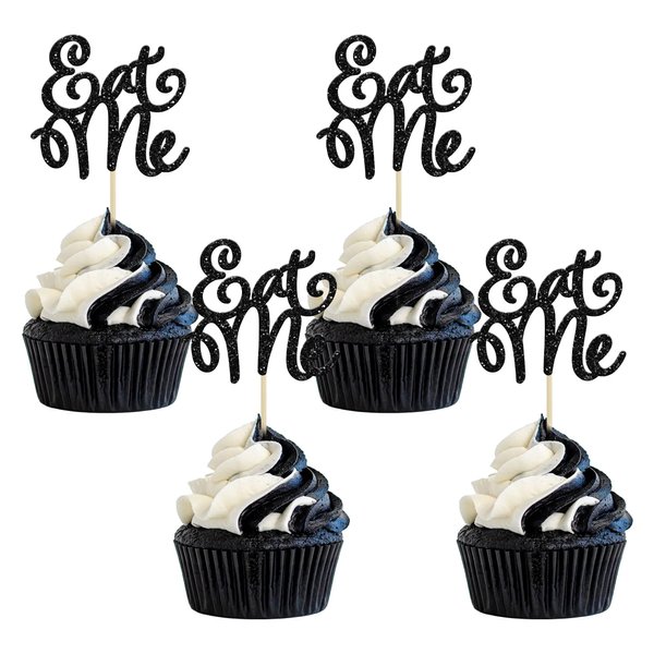 Gyufise 36Pcs Eat Me Cupcake Toppers Black Glitter Alice Cupcake Picks Wonderland Decorations for Baby Shower Boys Girls Kids Birthday Wonderland Theme Party Supplies