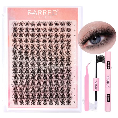 FARRED Lash Clusters Kit Individual Lashes Extensions 9-16MM Cat Eye Wispy Natural Eyelash Cluster 140 PCS with Lash Bond and Lash Seal and Lash Tweezers DIY Eyelash Extensions Kit (DIY Lash Kit-CF14)