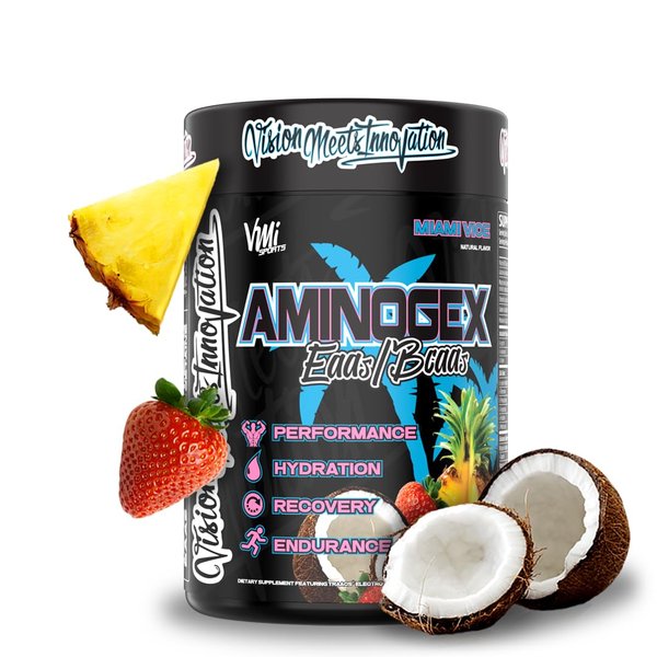 VMI Sports Aminogex Ultra | BCAA Powder | Amino Acids + Betaine and Glutamine | Amino Acid Post Workout Recovery Drink | Intra Workout Drink with Electrolytes | (30 Servings)(Miami Vice, 18.2 Ounces)