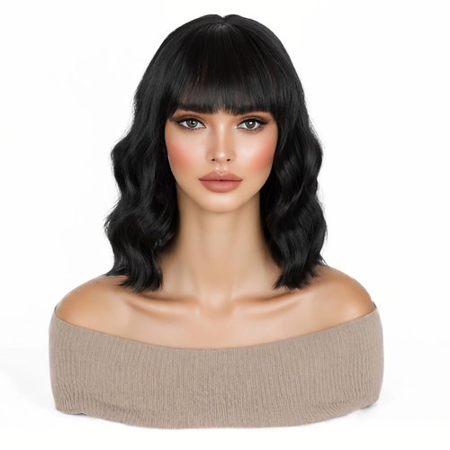 TIXBABY Natural Black Short Bob Wavy Wig with Bangs for Women Black Bob Wig Synthetic Heat Resistant Bob Wigs Curly Shoulder Length Synthetic Cosplay Wig