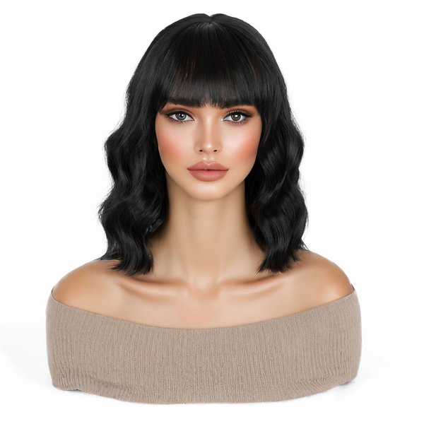 TIXBABY Natural Black Short Bob Wavy Wig with Bangs for Women Black Bob Wig Synthetic Heat Resistant Bob Wigs Curly Shoulder Length Synthetic Cosplay Wig
