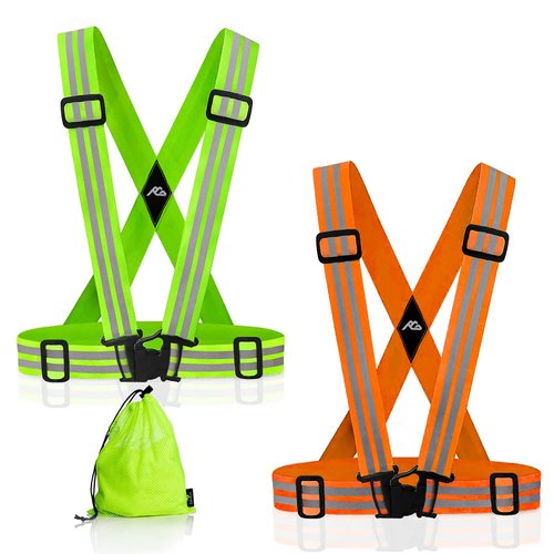 Oliumt Reflective Vest Running Gear Adjustable Reflective Running Vests Belt with Mesh Storage Bag, High Visibility Safety Vest for Night Running, Cycling, Jogging, Walking, 2 Pack (green orange)