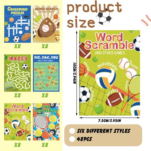 Hungdao 48 Pcs Sports Mini Activity Books for Boys and Girls Football Basketball Soccer Baseball Birthday Party Favors Activity Books Bulk for Sports Themed Party Classroom Supplies