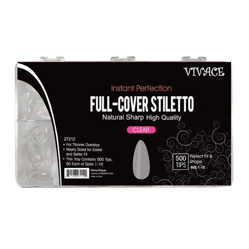 VIVACE Natural Full-Cover Stiletto 500 Artificial False Gel Nail Tips 10Sizes With Clear Plastic Case for Nail salon Nail Shop (Natural)