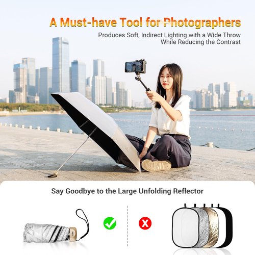 Portable Photographic Reflective Umbrella Silver, UPF 50+ UV Protection Sun Umbrella 42Inch Sun Blocking Travel Umbrella Rain Cover for Outdoor Photography Fill Light & Daily Sunshade Rain Protector