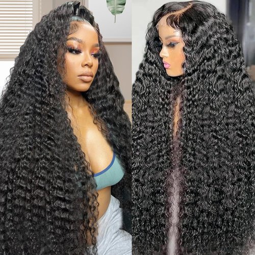 UTracycoy Deep Wave Lace Front Wigs Human Hair Pre Plucked 180 Density 13x4 HD Transparent Lace Frontal Wigs for Black Women Deep Curly Human Hair Lace Front Wigs (28 Inch)