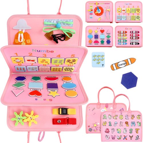 HawHawToys 8 in 1 Toddler Busy Board, Toddler Busy Book for 1 2 3 4 Year-Old Girl Birthday Gifts, Sensory Activity Board for Preschool Basic Learning, Busy Books for Travel Quiet Busy Books Toys