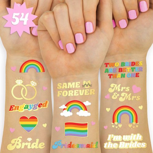 xo, Fetti Bride Pride Bachelorette Temporary Tattoos - 54 Glitter Styles | Mrs and Mrs Bach Party Decoration, Pridesmaid Favor, Bride to Be Gift + LGBTQ Rainbow Bridal Shower
