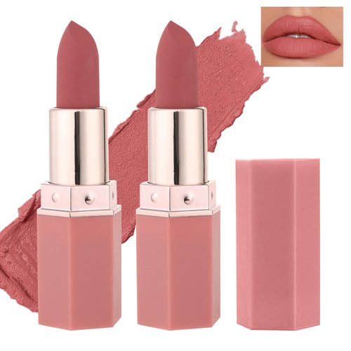 QIUFSSE 2PCS Matte Nude Lipstick Natural Moisturizing Labiales Long-lasting Waterproof Velvet Lip Gloss for Women and Girls-01 Honey peach