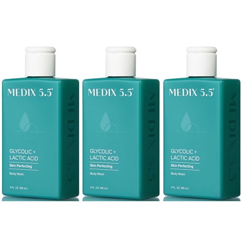 MEDIX Glycolic Acid Body Wash Exfoliating Body Cleanser KP Bump Eraser | AHA + Lactic Acid Anti Aging Exfoliant Wash | Keratosis Pilaris & Acne | Foaming Body & Face Wash, 3 Fl Oz Travel Size, 3-Pack