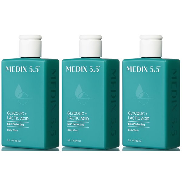 MEDIX Glycolic Acid Body Wash Exfoliating Body Cleanser KP Bump Eraser | AHA + Lactic Acid Anti Aging Exfoliant Wash | Keratosis Pilaris & Acne | Foaming Body & Face Wash, 3 Fl Oz Travel Size, 3-Pack
