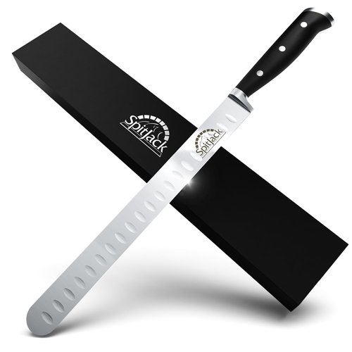 SPITJACK Brisket Carving Knife for Meat. Smoked Beef, Pork, and Turkey Slicer. BBQ Competition Chef Series Meat Knife. Stainless Steel, Granton Edge, 11 Inch Long Blade.