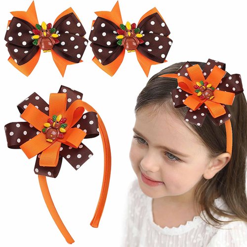 Olbye Thanksgiving Hair Bows Turkey Hair Clips Flash Prom Party Alligator Barrettes Orange Festival Hairpin Autumn Hair Barrettes Fall Hair Accessories for Women and Girls 4Pcs (3Pcs Hair Bows)