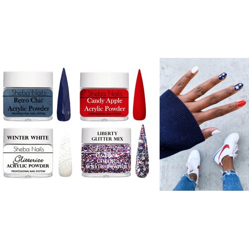 SHEBA NAILS Glitter Dip Powder Patriotic Nail Art Variety Kit- 1/4 oz Jar Each Candy Apple Red, Navy, Glitterize Winter White, & Liberty Custom Glitter Mix