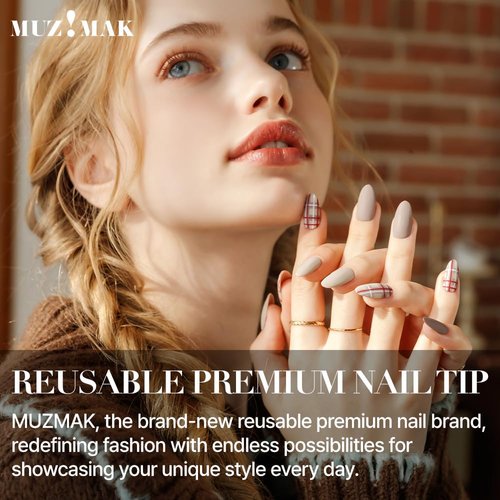 MUZMAK Reusable Press on Nails Long Medium Short 36Pcs Pink Fake Nails with Designs Red french tip Cute Gel (Cozy Sand(Almond))