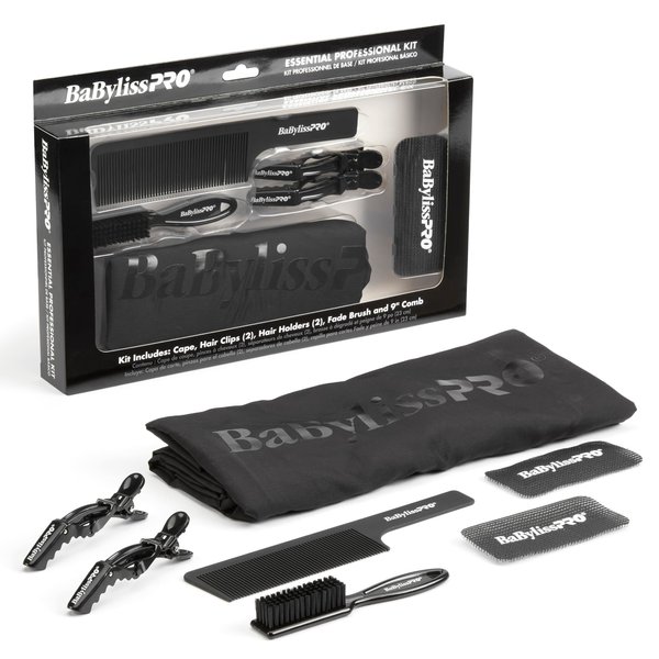 BaBylissPro Essential Professional Kit - barber cape, comb, fade brush, hair clips, and hair holders