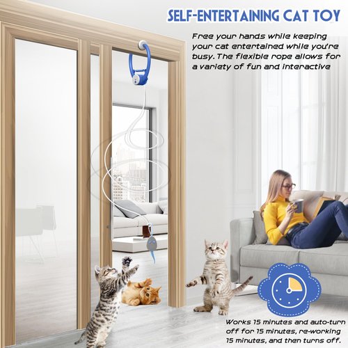 Kezlume Cat Toy Interactive for Indoor Cats, Smart USB Rechargeable Door Hanging Automatic Retractable Kitten Toys, Teaser Electronic Self Play Feather Cat String Toys Attached with 3 Catnip Mice Blue