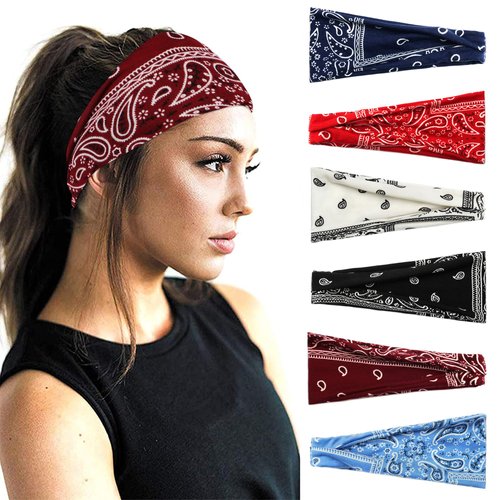 FULZTEY Boho Headbands for Women Fashion Wide Headwraps Elastic Hairbands Paisley Print Bandana Multicolor Floral Hair Scarf Non Slip Workout Yoga Head Bands for Women's Hair Accessories 6Pcs