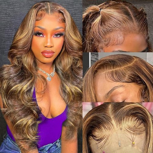 SWEETGIRL 13x6 Lace Front Wigs Human Hair Body Wave 24 Inch Highlight Ombre Lace Front Wig Human Hair P4/27 Honey Blonde Colored Hd Lace Frontal Wigs for Women Pre Plucked 180 Density