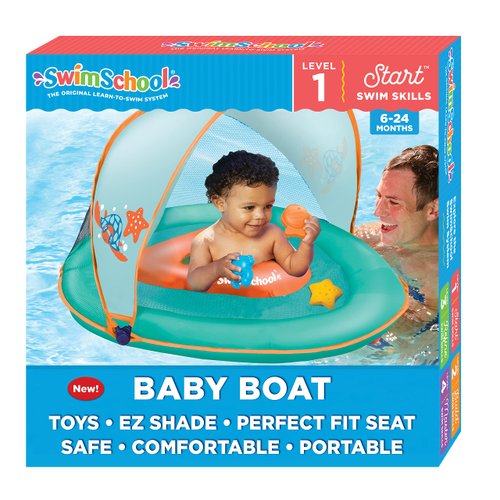 SwimSchool Infant Baby Pool Float with Splash & Play Activity Toys, Adjustable Sun Canopy, Safety Seat, Infant Baby Floatie, 6 - 24 Months- Seafoam/Orange