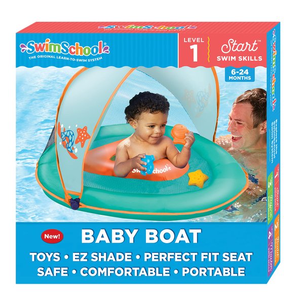 SwimSchool Infant Baby Pool Float with Splash & Play Activity Toys, Adjustable Sun Canopy, Safety Seat, Infant Baby Floatie, 6 - 24 Months- Seafoam/Orange