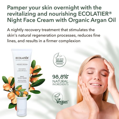 ECOLATIÈR Night Facial Cream Revitalizing & Nourishing Organic Argan Oil - Moisturizer Face Cream, Anti-Aging, Vitamin C, Vegan, 97.7% Natural Ingredients, 1.7 Fl Oz
