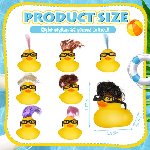 VercanMonth 20 Pcs Rubber Ducks with Wig and Black Glasses Squeaky Duck Bath Toy Small Rubber Duckies Bulk Cute and Funny Bathtub Toys for Summer Pool Birthday Gifts Holiday Party Favors (Stylish)
