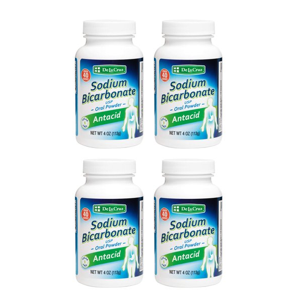 De La Cruz Pure Sodium Bicarbonate - USP Grade Bicarbonate of Soda – 100% Pure Baking Soda – Aluminum Free Antacid Powder for Heartburn & Indigestion - Packed in USA, 4 OZ. (4 Bottles)