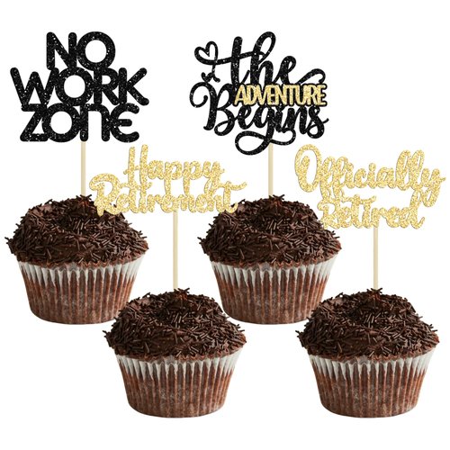 24Pcs Happy Retirement Cupcake Toppers Officially Retired Cake Toppers No Work Zone Adventure Begins Cupcake Picks Retirement Theme Farewell Birthday Party Decorations Supplies Black Gold