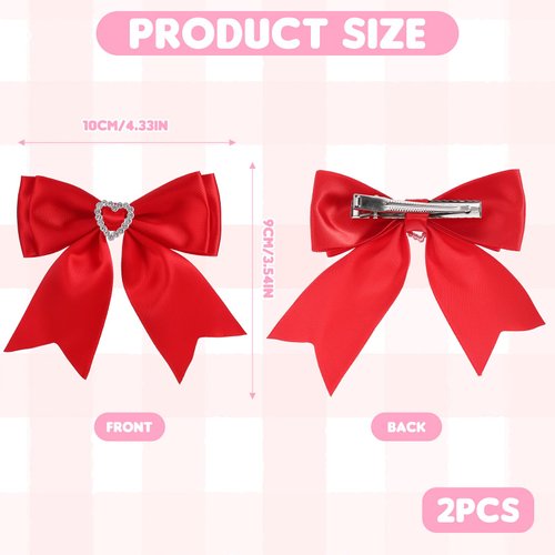 TIESOME Satin Bow Hair Clips, 2 PCS Bowknot Hair Clips Cute Sweet Heart Rhinestones Ribbon Hairpins Bow Hair Barrettes Christmas New Year Valentines Day Hair Accessories for Women (Red)