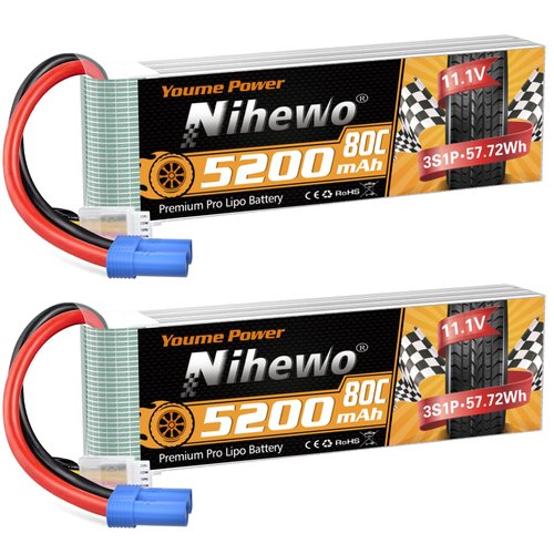 Nihewo 2Packs 3S Lipo Battery, RC Lipo Battery 11.1V 5200mAh 80C EC5 Connector Compatible with Arrma Axial 1/8 1/10 RC Car Truck Truggy Vehicles Tank Boat Airplane Helicopter Models