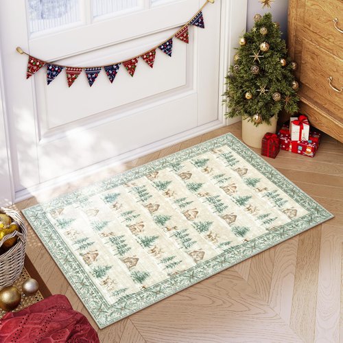 LEEVAN Christmas Door Mat Outdoor Entrance, Beige Front Doormat Porch Rug, 2x3 Outside Layered Mat Washable Bathroom Rug Non Slip, Kitchen Sink Rug Back Door Decor, Winter Front Door Mat Entrance