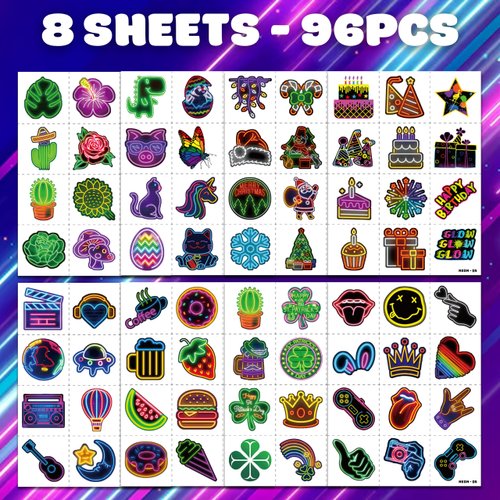 Neon Temporary Tattoos Theme Birthday Party Decorations Supplies Favors Decor 96 PCS 8 Sheets Cute Tattoo Stickers For Children Kids Boys Girls School Gifts Rewards Home Activity