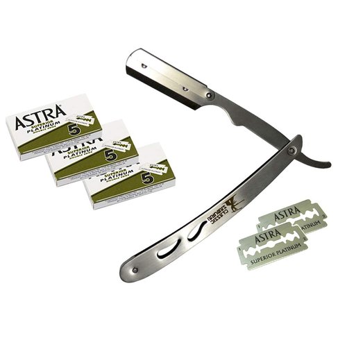 Classic Samurai CS-102 Stainless Steel Professional Barber Straight Edge Razor with 15 Astra Double Edge Razor Blades (Silver + 15 Astra Blades)