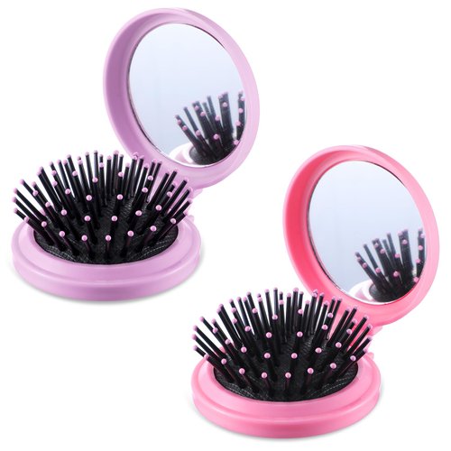 2Pcs Folding Brush with Mirror Travel Size Hair Brush Round Mirror Pocket Hair Brush Portable Pop Hairbrush for Women Travel Purse Small Compact Hair Massage Comb(Pink, Purple)