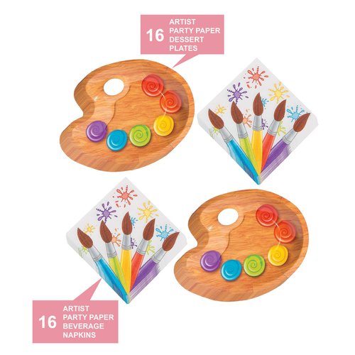 Art Party Supplies - Paint Party Paint Palette Shaped Paper Dessert Plates and Artist Brush Beverage Napkins (Serves 16)