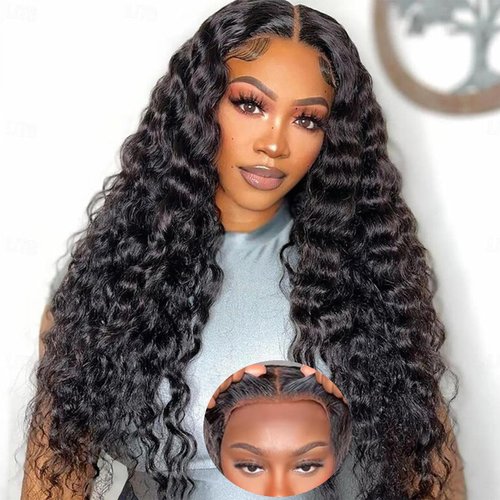 Bugtum Glueless Wigs Human Hair Pre Plucked Pre Cut 5x5 Hd Lace Closure Wigs Wear and Go Deep Wave Curly Lace Front Wigs for Black Women Wet and Wavy Natural Hairline (22 Inch)