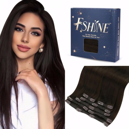 Fshine Clip in Hair Extensions Human Hair 7pcs Per Set with 18 Clips Double Weft Clip in Human Hair Extensions Brazilian Virgin Human Hair Dark Brown For Women 18 Inch