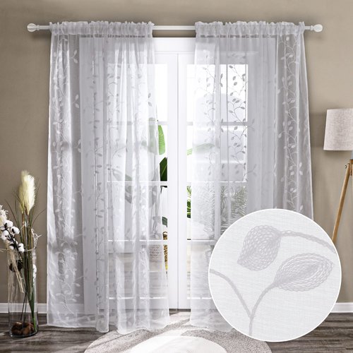 Deconovo Extra Long Sheer Curtains 108 Inches Long, Spring Rod Pocket Outdoor Leaf Embroidered White Sheer Curtains for Patio and French Doors, 1 Pair, 52x108 Inch