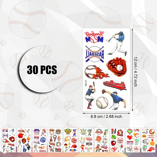30pcs Baseball Temporary Tattoos, Team Party Supplies Sports Tattoos Stickers Cute Party Favors Sports Tattoos Temporary for Birthday Decoration Girls Boys Kids Classroom School Prizes Rewards