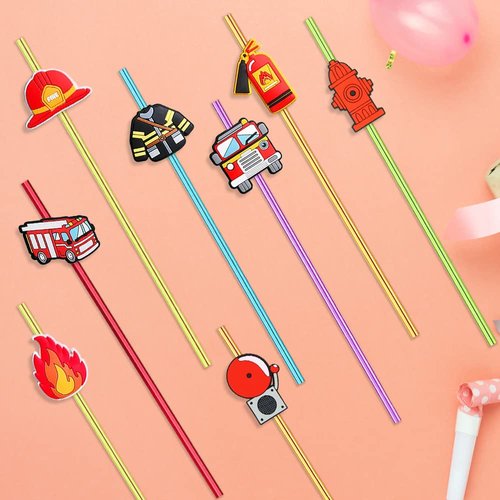 GREAWOD 24 PCS Fire Truck Party Favors Drinking Straws for Fire Truck Birthday Party Supplies,Suitable for fire truck themed party With 2 Pieces Straw Cleaning Brushes(6 color)