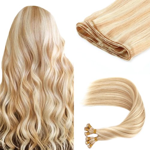 ABH AMAZINGBEAUTY HAIR Hand Tied Weft Hair Extensions Real Human Hair Highlighted Dark Blonde With Platinum Blonde Sew in Weft Human Hair Extensions Straight Full Head P12-60, 50 Gram, 20 Inch