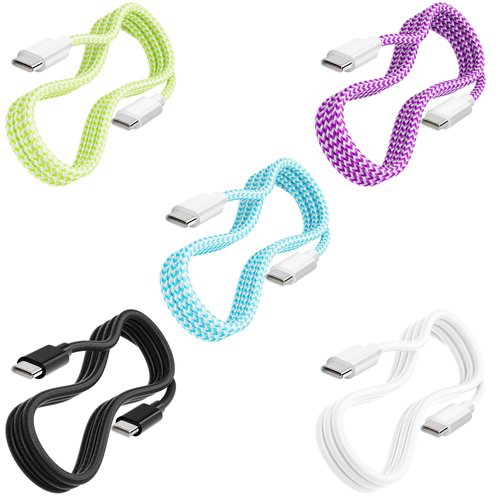 Adoreen USB Type C to C Cable 10 Ft-5 Pack Colorful Fast Charging Cable Cord,Beautiful Braided 30W Power Delivery USB 2.0 480Mbps Data for MacBook iPad iPhone 15 Samsung-White+Black+Blue+Purple+Green
