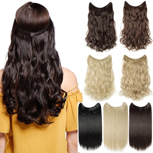 S-noilite Invisible Hair Extensions Secret Transparent Headband Hairpieces No Clip Long Human Made Natural Synthetic Fibre Hair Piece for Women Curly 20 Inch dark brown