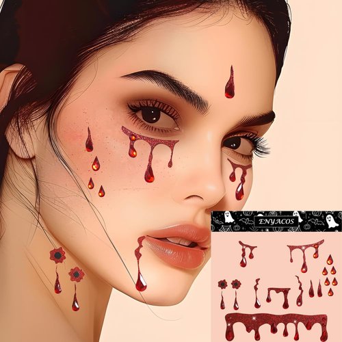 ENYAOS Vampire Makeup Stickers, Glitter Blood Stickers, Vampire Costume Accessories for Women, Blood Tattoos Temporary Vampire, Dracula Blood face Stickers (A)