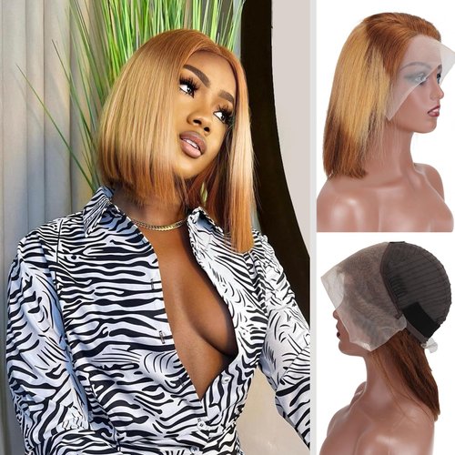 Ombre Highlight Bob Wig Human Hair T4/27/4# 13x4 Highlight Frontal Lace Wig Ombre Brown Honey Blonde Straight Bob Wig 180% Density Glueless Wigs Pre Plucked Ombre Short Bob Wigs For Women 12Inch