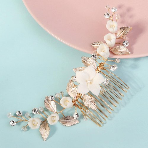 Rumtock Gold Leaf White Flower Hair Comb for Women Girls Wedding Bridal Hair Piece Handmade Hair Jewelry