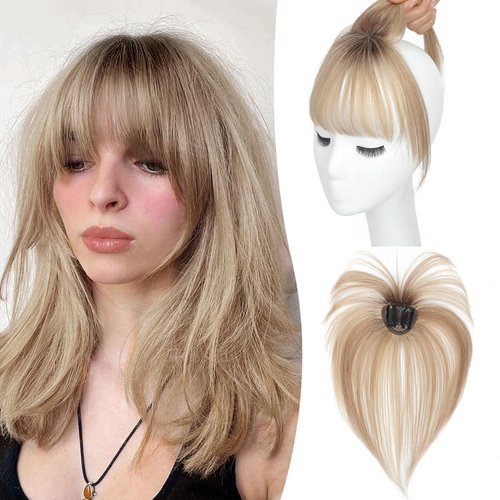 Clip in Bangs Bangs Hair Clip Fake Bangs Clip In Bangs Real Human Hair Hairpieces Ombre Blonde 360° Cover Clip on Bangs for Women Fringe with Temples Wispy Bangs Clip In Hair Extensions French Bangs