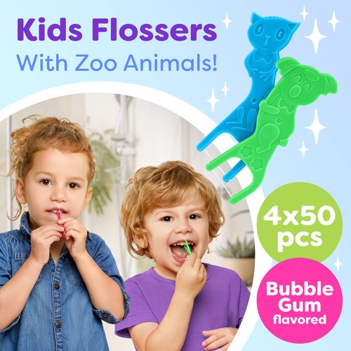 Kids Flossers 4 Pack (200 Total), Kids Floss Picks, Flossers Kids, Floss for Kids, Cute Animal Shapes, Glides Easy Between Teeth, Flosser Helps Prevent Tooth Decay & Gum Disease, Bubble Gum Flavored